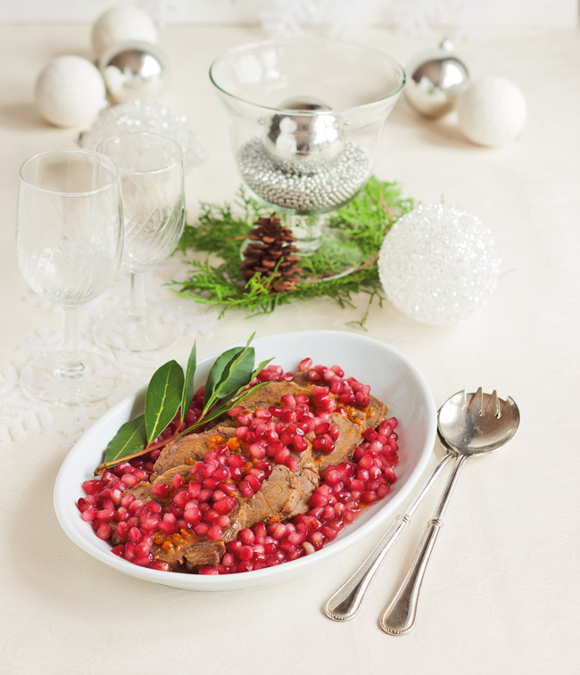 A Tavola Gennaio 2017, ricette, girello alla melagrana 